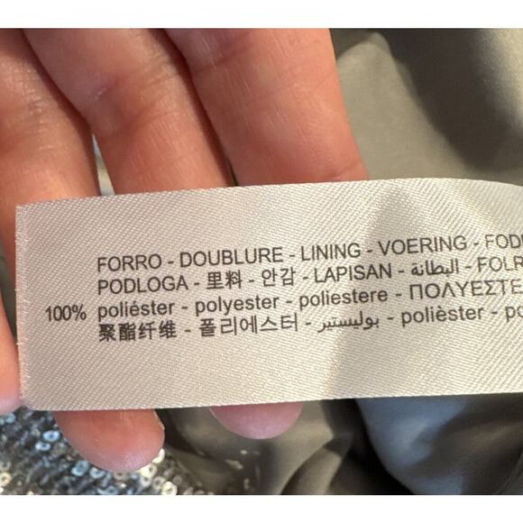 Zara Size Medium Silver Sequin Strapless Ruched Mini Dress Sparkle Ruffle Trim - Picture 7 of 8